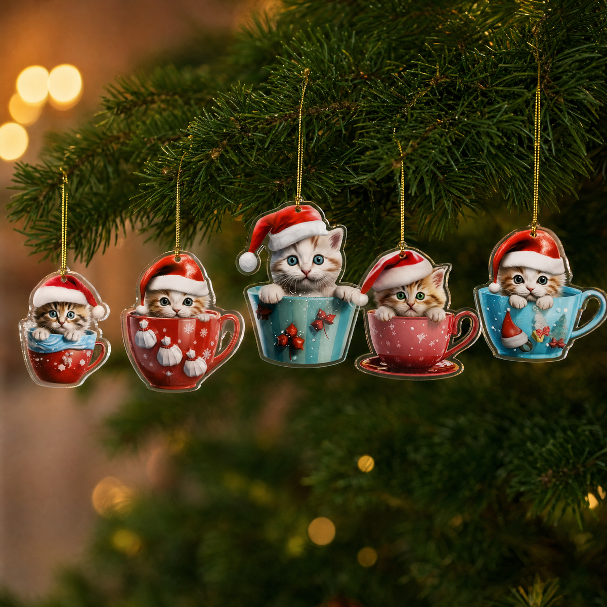 Cute Kitten in Cup Christmas Ornament, Acrylic Hanging Decoration